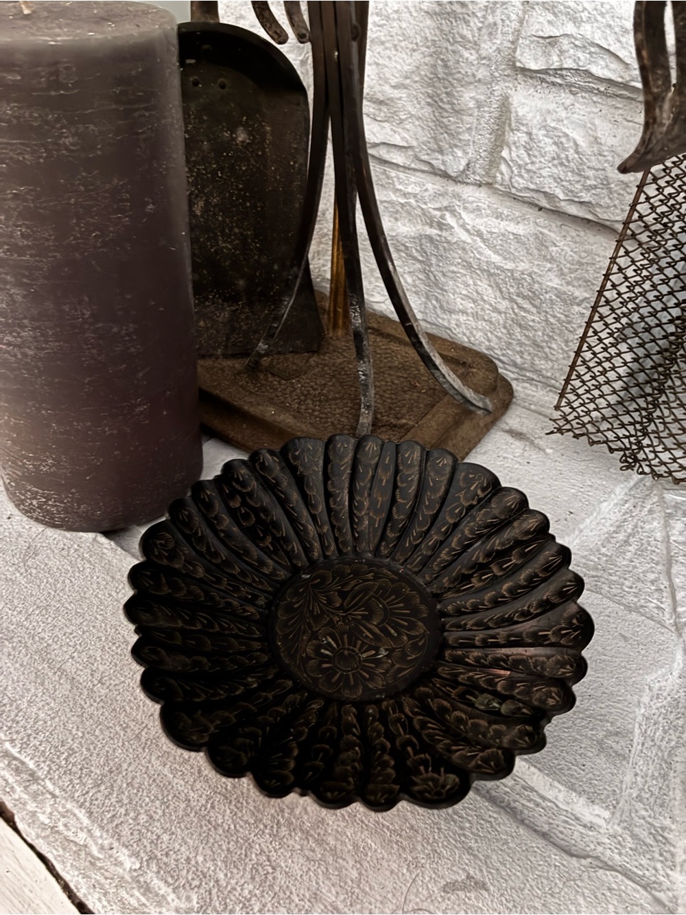Vintage Scalloped Decorative Metal Bowl - Dark Bronze Finish